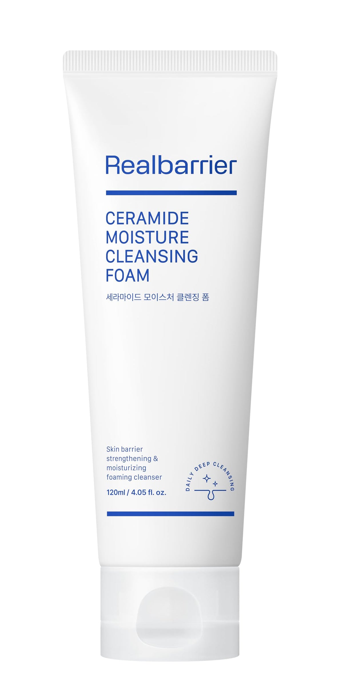 Real Barrier Ceramide Moisture Cleansing Foam bottle shows creamy lather for gentle makeup removal.
