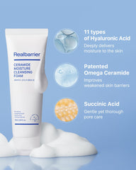 Real Barrier Ceramide Moisture Cleansing Foam texture close-up highlights creamy foam and gentle cleanse.