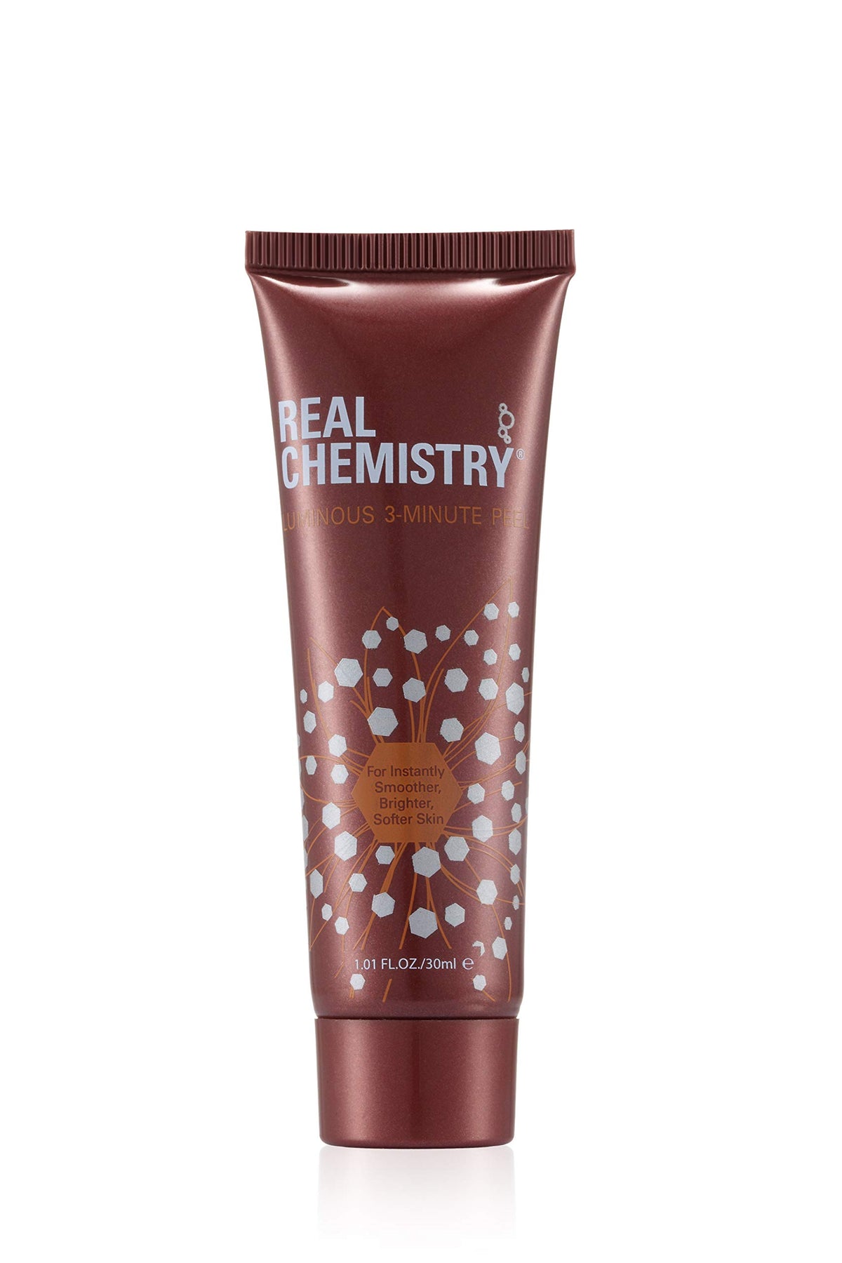 Real Chemistry 3-Minute Peel bottle demonstrating compact packaging for fast, gentle exfoliation.