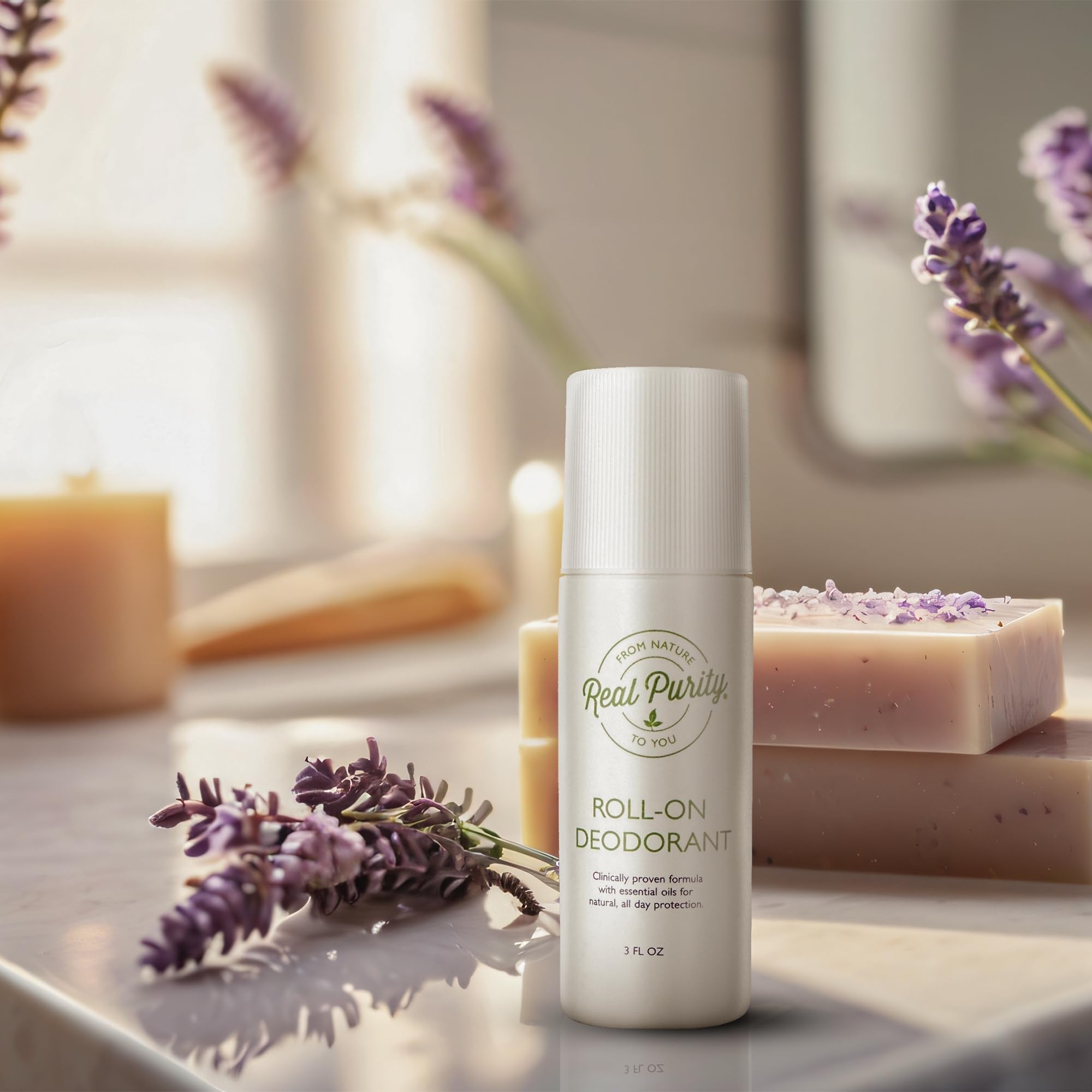 Real Purity Roll-On Deodorant being applied smoothly for daily comfort.