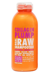 Real Raw Collagen Shampoo bottle promotes volume and repair for dull hair.
