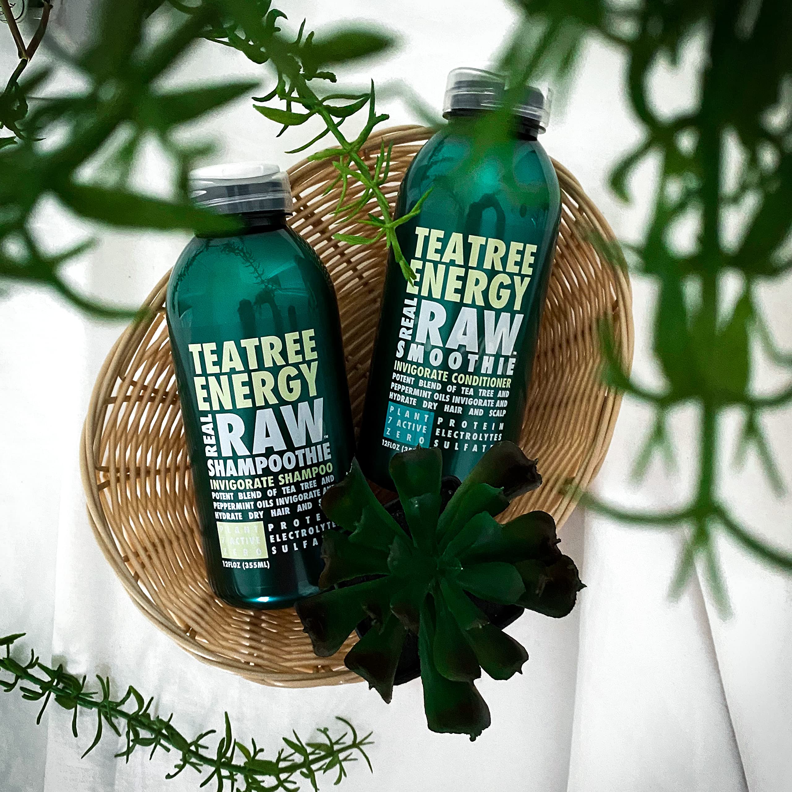 Real Raw Tea Tree ingredients close-up highlights aloe and coconut water