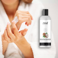 Real Skin Care Organic Body Lotion close-up shows creamy texture for smooth skin