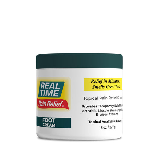 Real Time Pain Relief foot cream jar front view for quick soothing relief.
