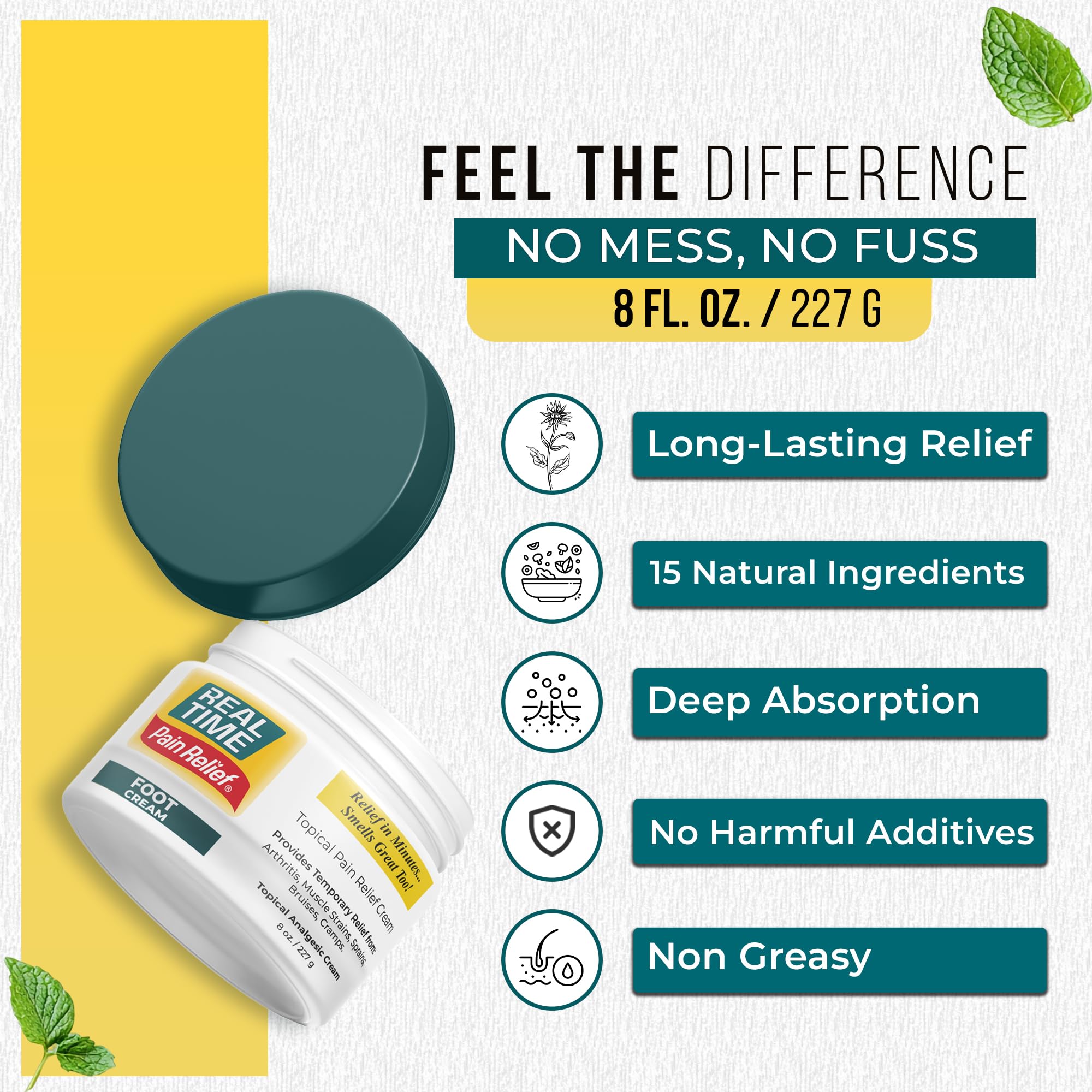 Real Time Pain Relief foot cream label close-up highlighting USA-made quality.