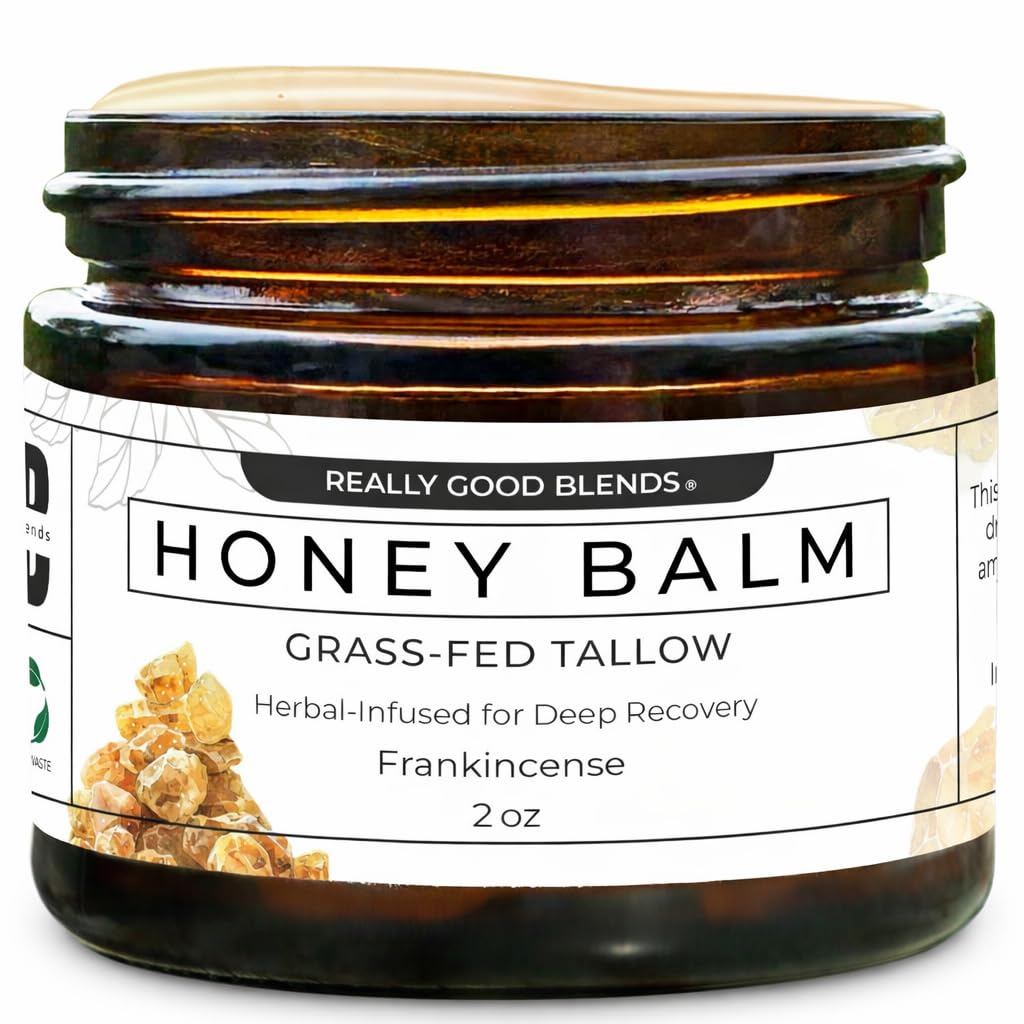 Really Good Blends Tallow Honey Balm packaging showcasing handmade USA craftsmanship.