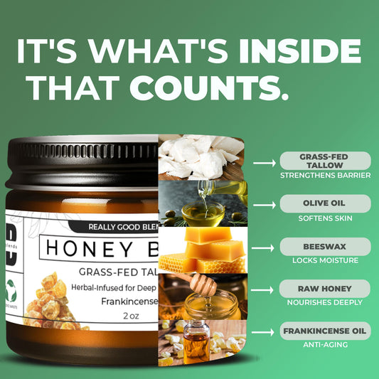Really Good Blends Tallow Honey Balm texture appears smooth for easy skin hydration.