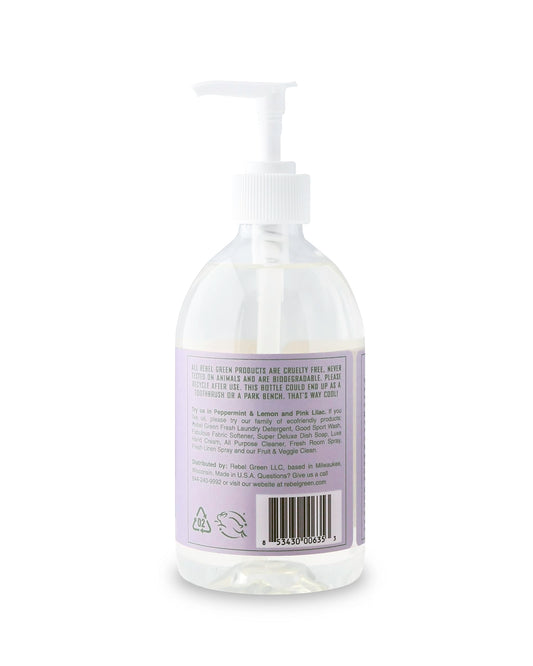Rebel Green lavender grapefruit bottle demonstrates moisturizing hand care for daily use.
