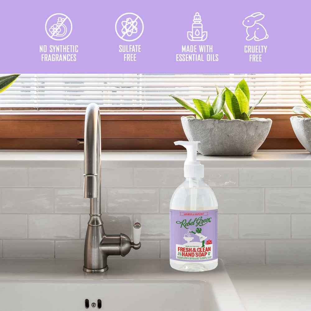 Rebel Green hand soap bottle with lavender grapefruit scent for refreshing cleansing.