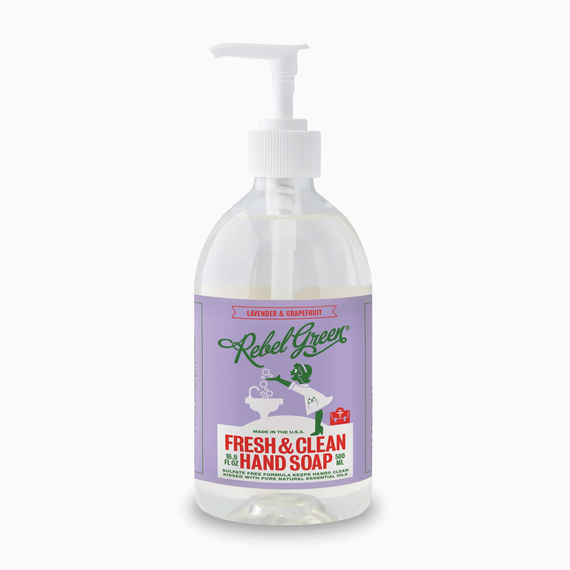 Rebel Green lavender grapefruit bottle ideal for guest baths and kitchens.