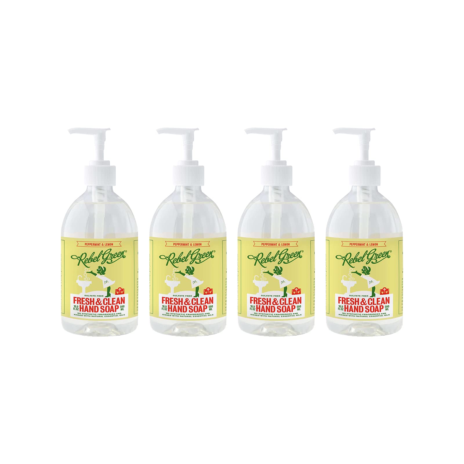Rebel Green liquid hand soap bottle on counter, gentle moisturizing formula.