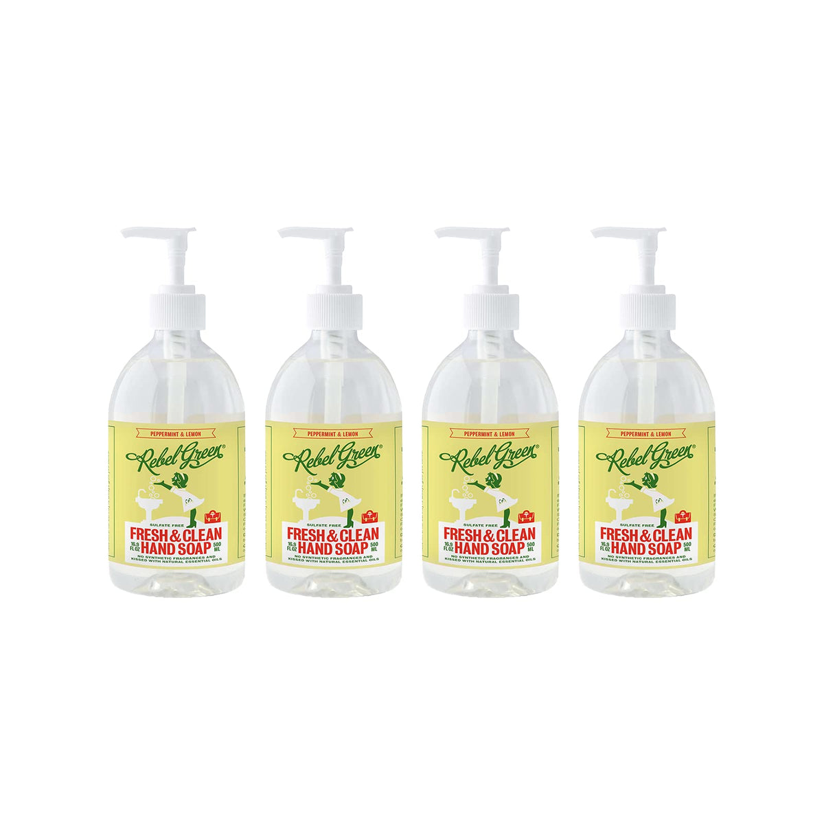 Rebel Green liquid hand soap bottle on counter, gentle moisturizing formula.