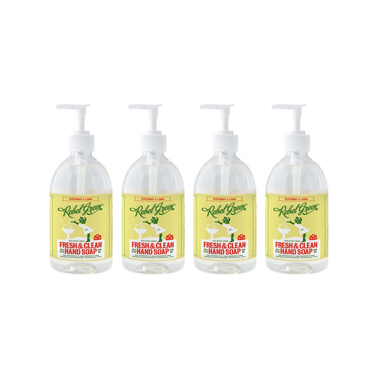 Rebel Green liquid hand soap bottle on counter, gentle moisturizing formula.