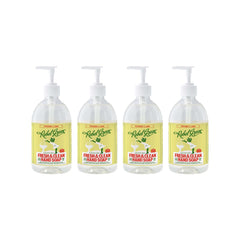 Rebel Green liquid hand soap bottle on counter, gentle moisturizing formula.