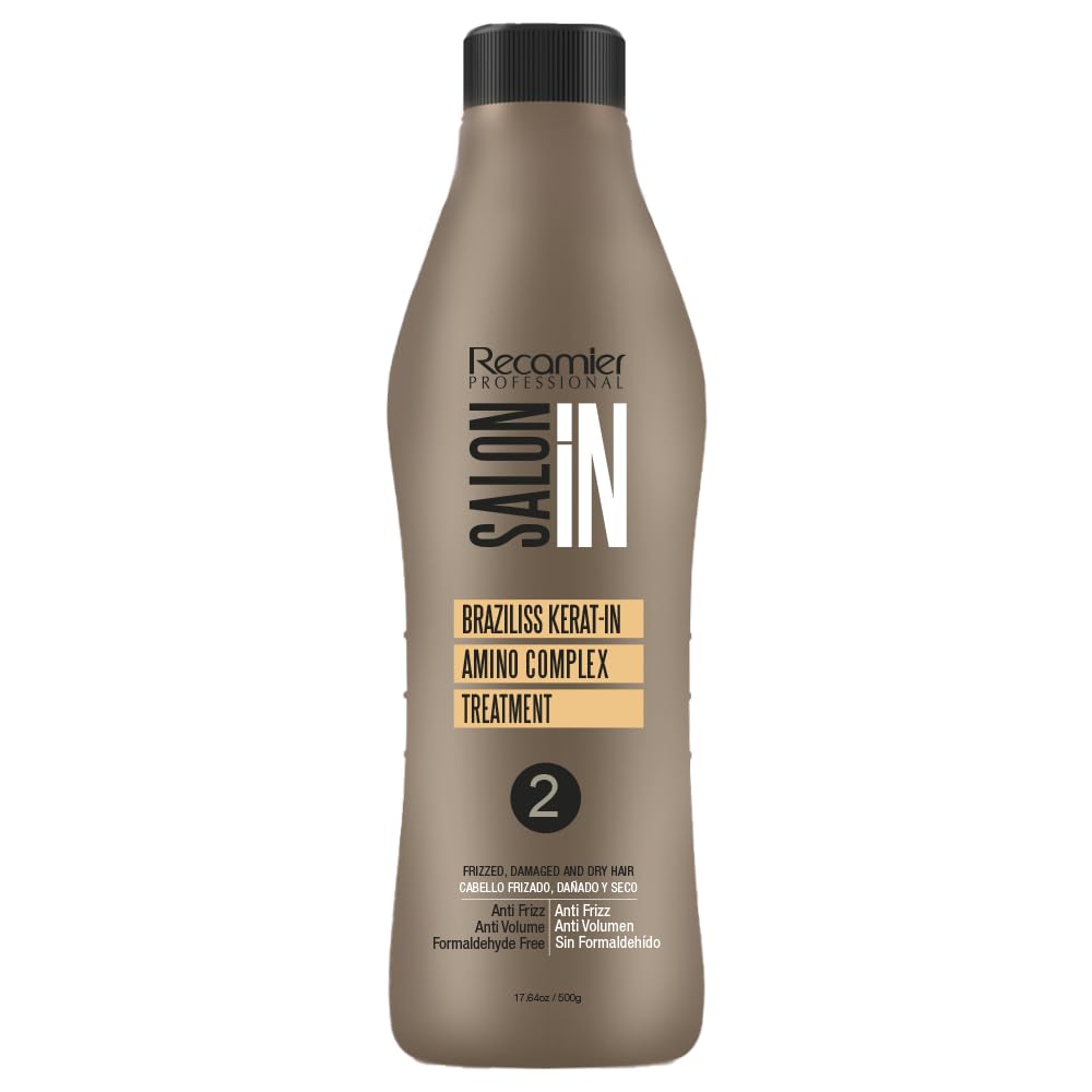 RECAMIER Braziliss Kerat-In Amino Complex Step 2 bottle shows frizz control and moisture benefits.