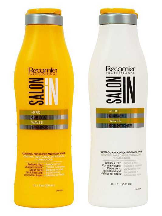 RECAMIER shampoo bottle close-up highlighting hydrating formula for curls