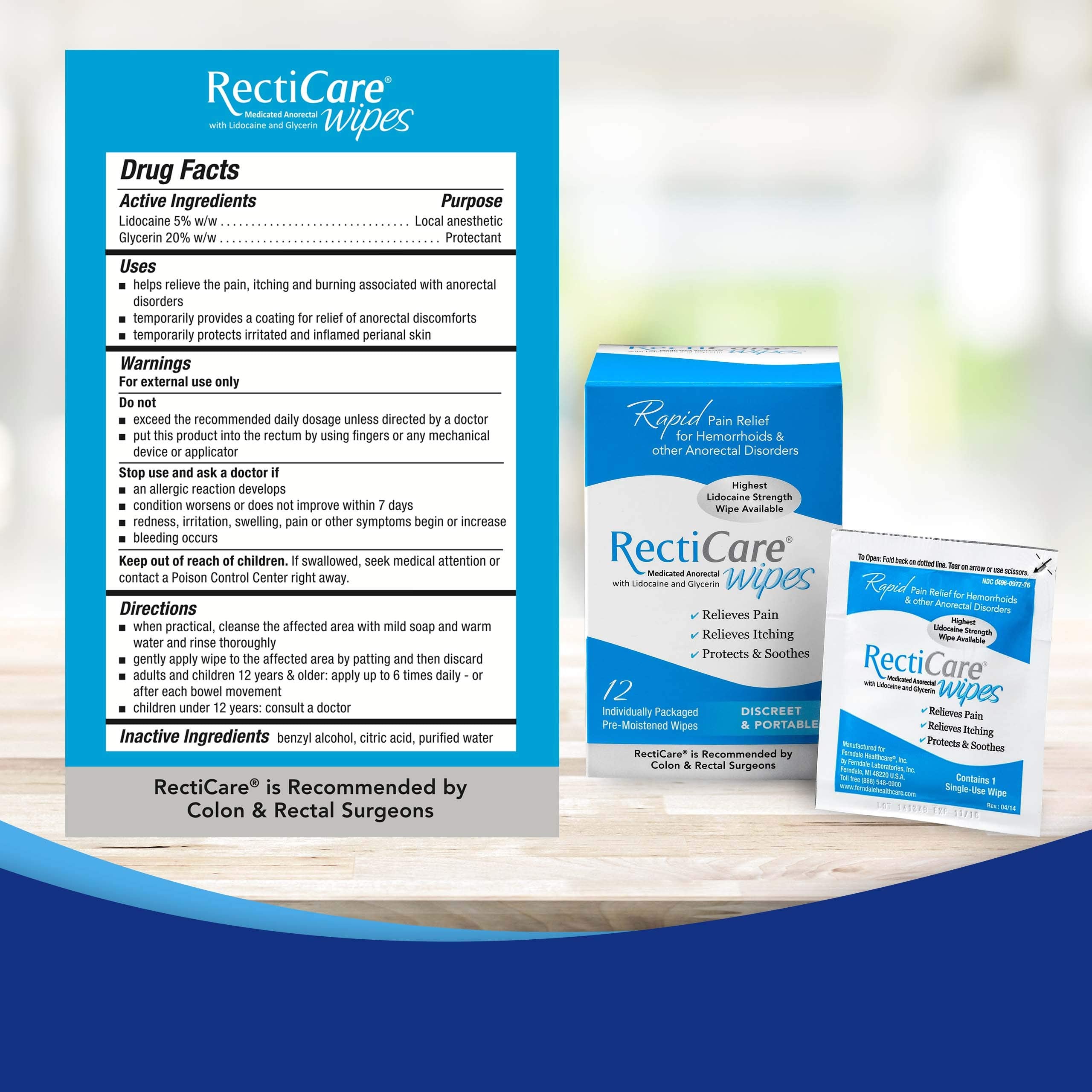 RectiCare Medicated Anorectal Wipes single-use sachets for portable comfort.