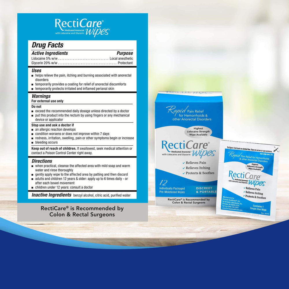 RectiCare Medicated Anorectal Wipes single-use sachets for portable comfort.