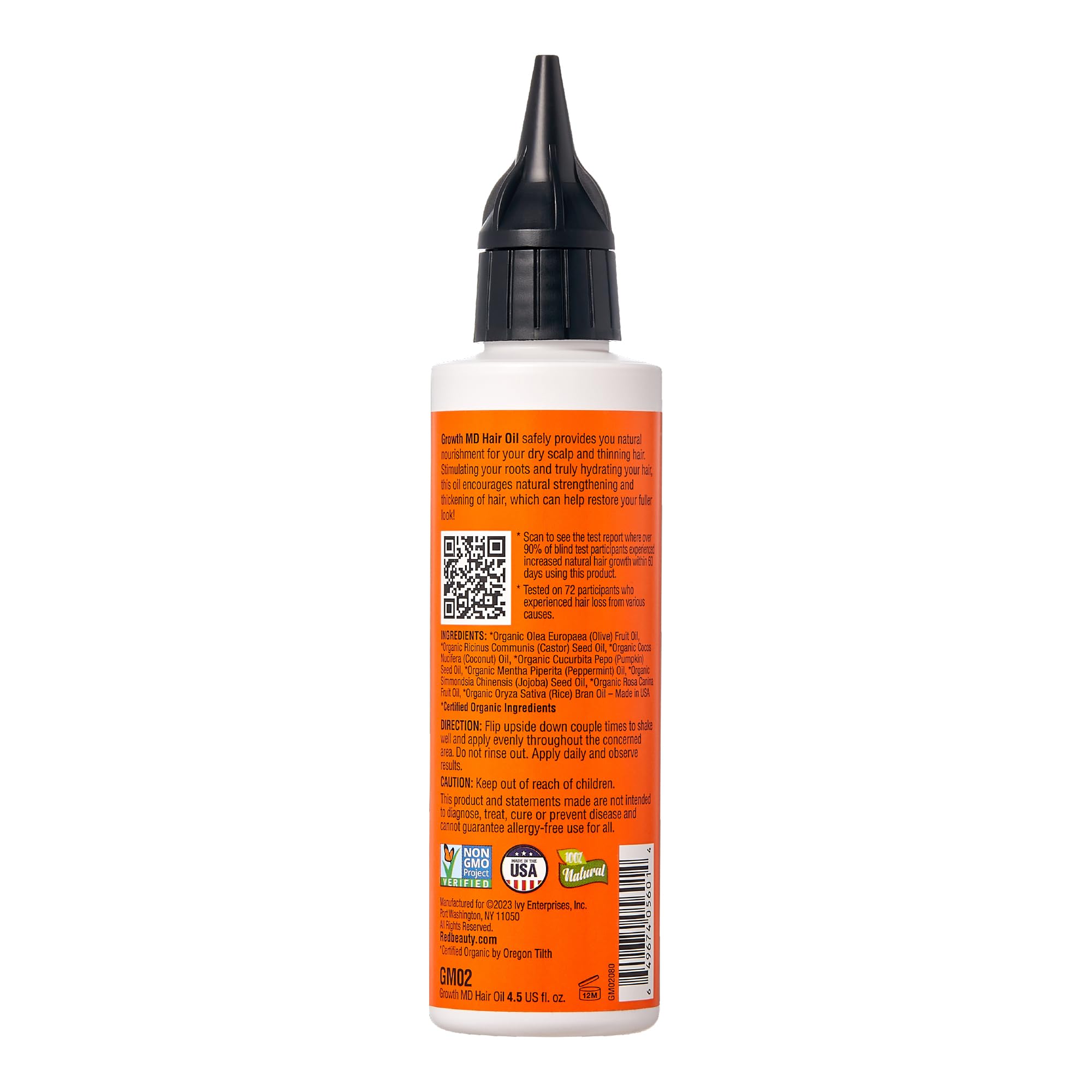 Red by Kiss Growth MD oil dropper close-up highlighting organic ingredients