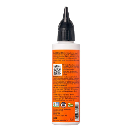 Red by Kiss Growth MD oil dropper close-up highlighting organic ingredients