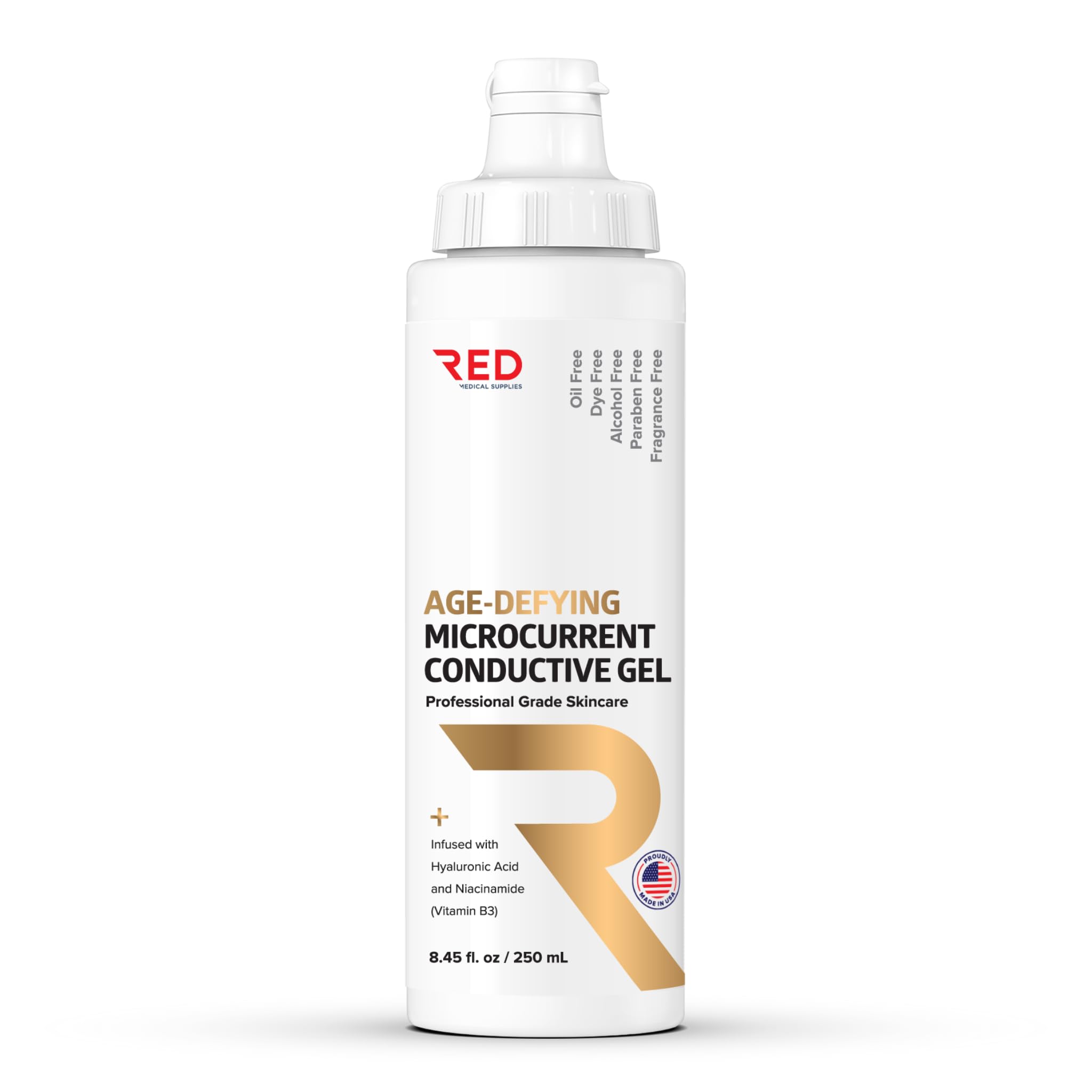 Red Medical Supplies age-defying gel bottle ready for non-greasy hydration during treatment