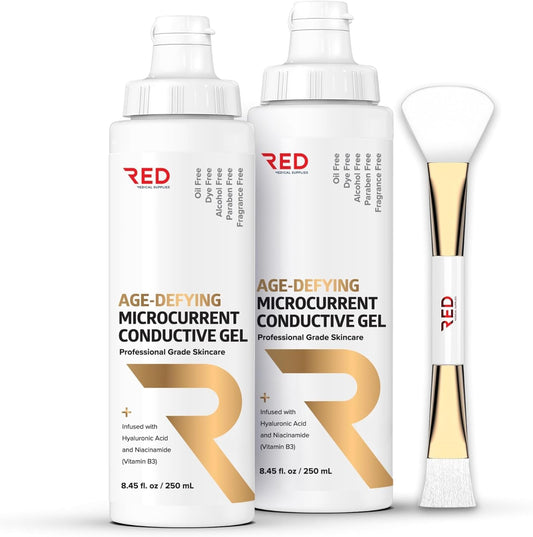 RED Medical Supplies age-defying gel with two bottles and applicator for convenient microcurrent use