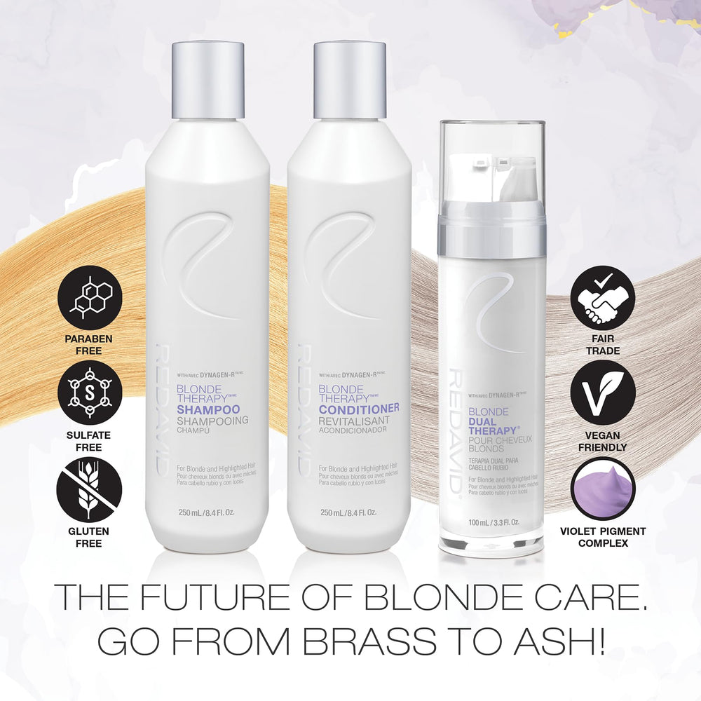 Redavid Blonde Dual Therapy Shine bottle close-up, highlighting cuticle sealing and shine.