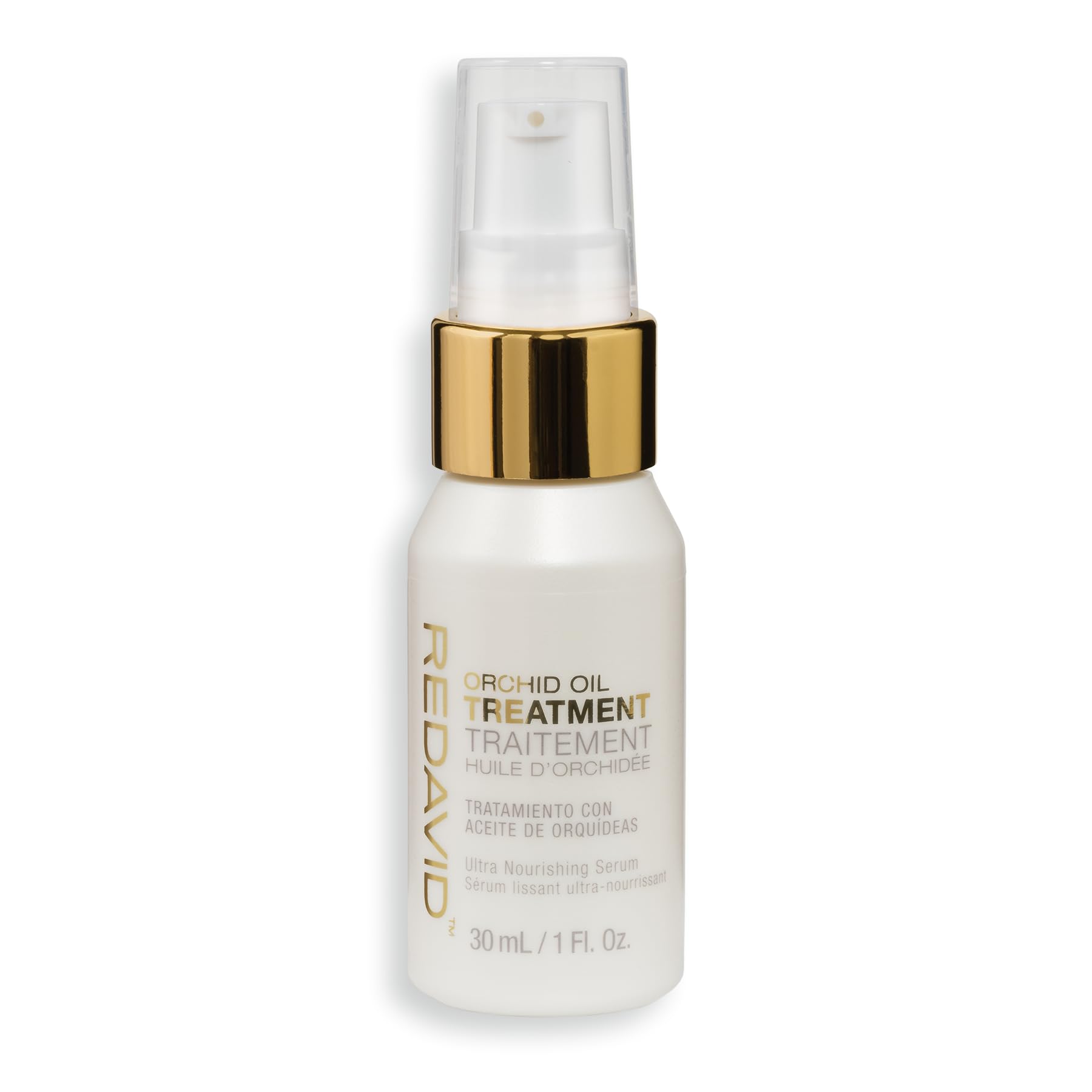 Redavid Orchid Oil bottle close-up showing frizz control for damaged hair