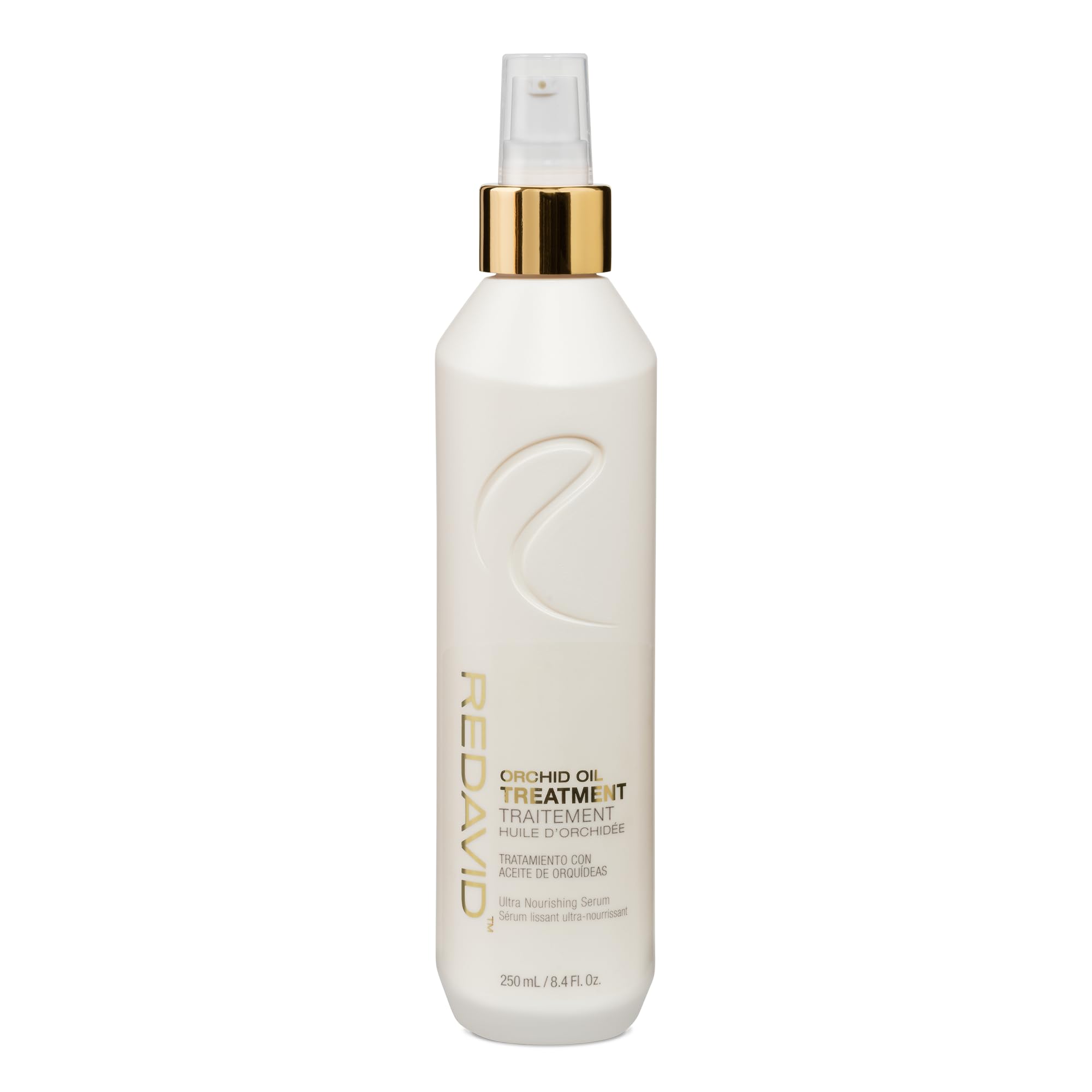 Redavid Orchid Oil Treatment bottle demonstrating frizz control and shine.