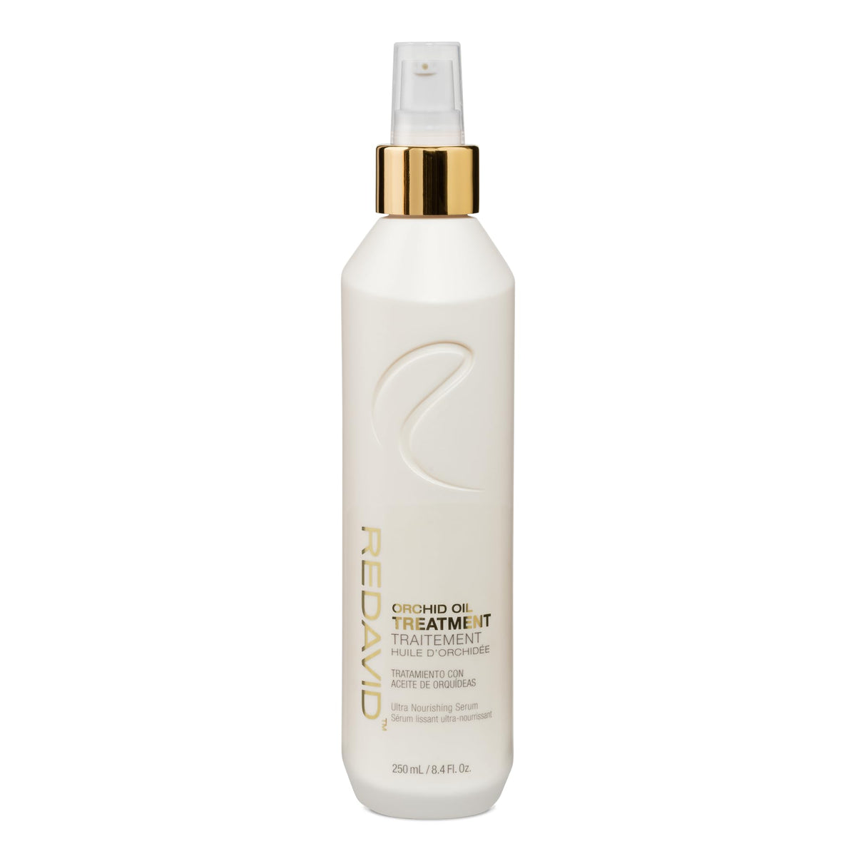Redavid Orchid Oil Treatment bottle demonstrating frizz control and shine.
