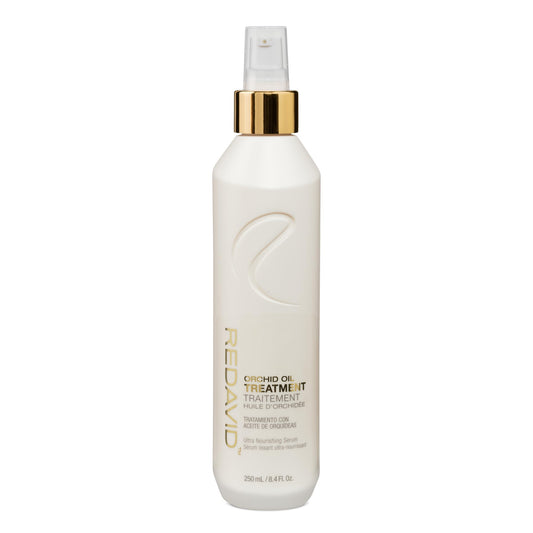 Redavid Orchid Oil Treatment bottle demonstrating frizz control and shine.