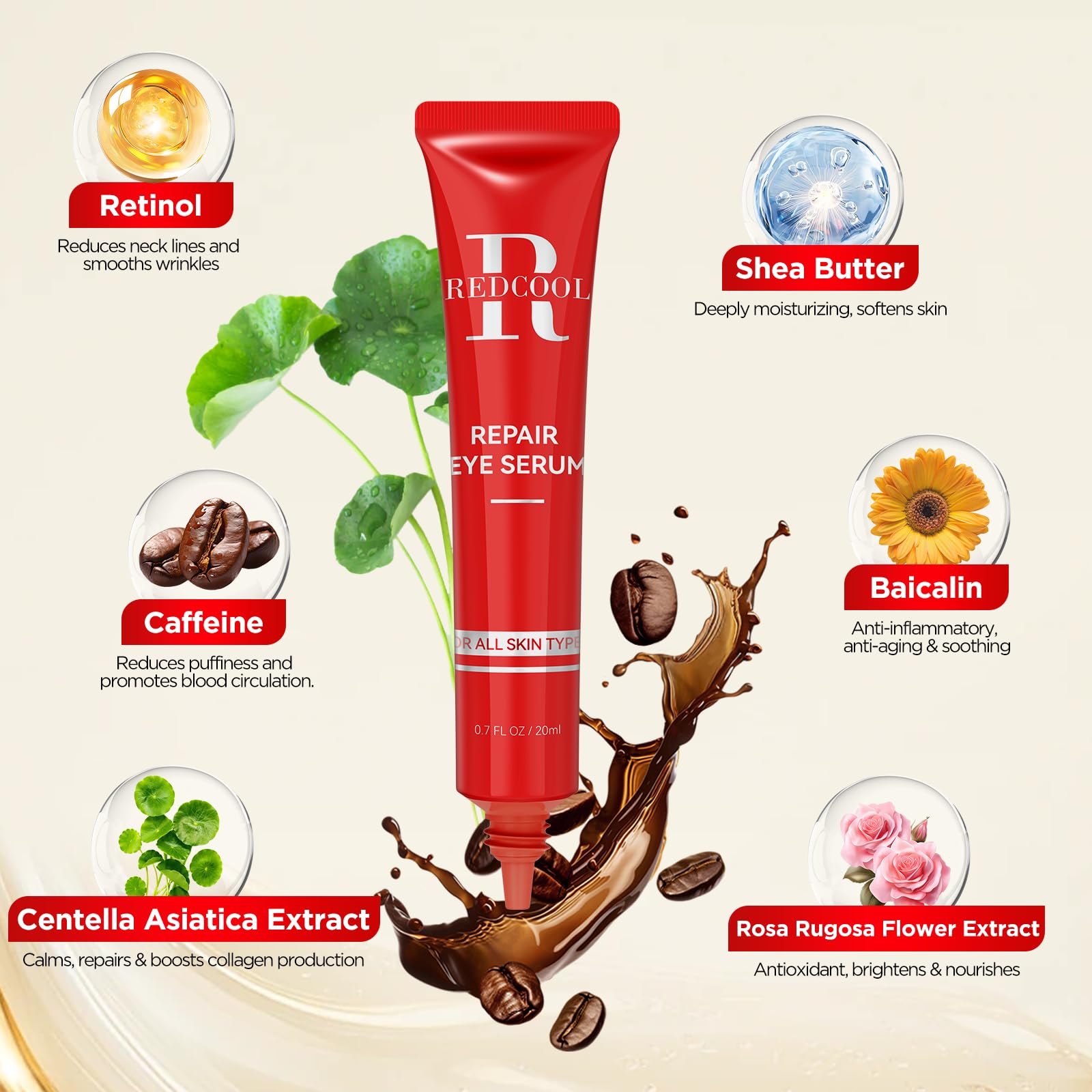 Redcool caffeine eye serum centella asiatica nourishes and soothes skin