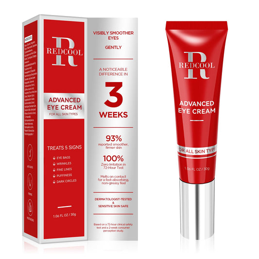 Redcool Retinol Eye Cream bottle offers lightweight hydration for daily use