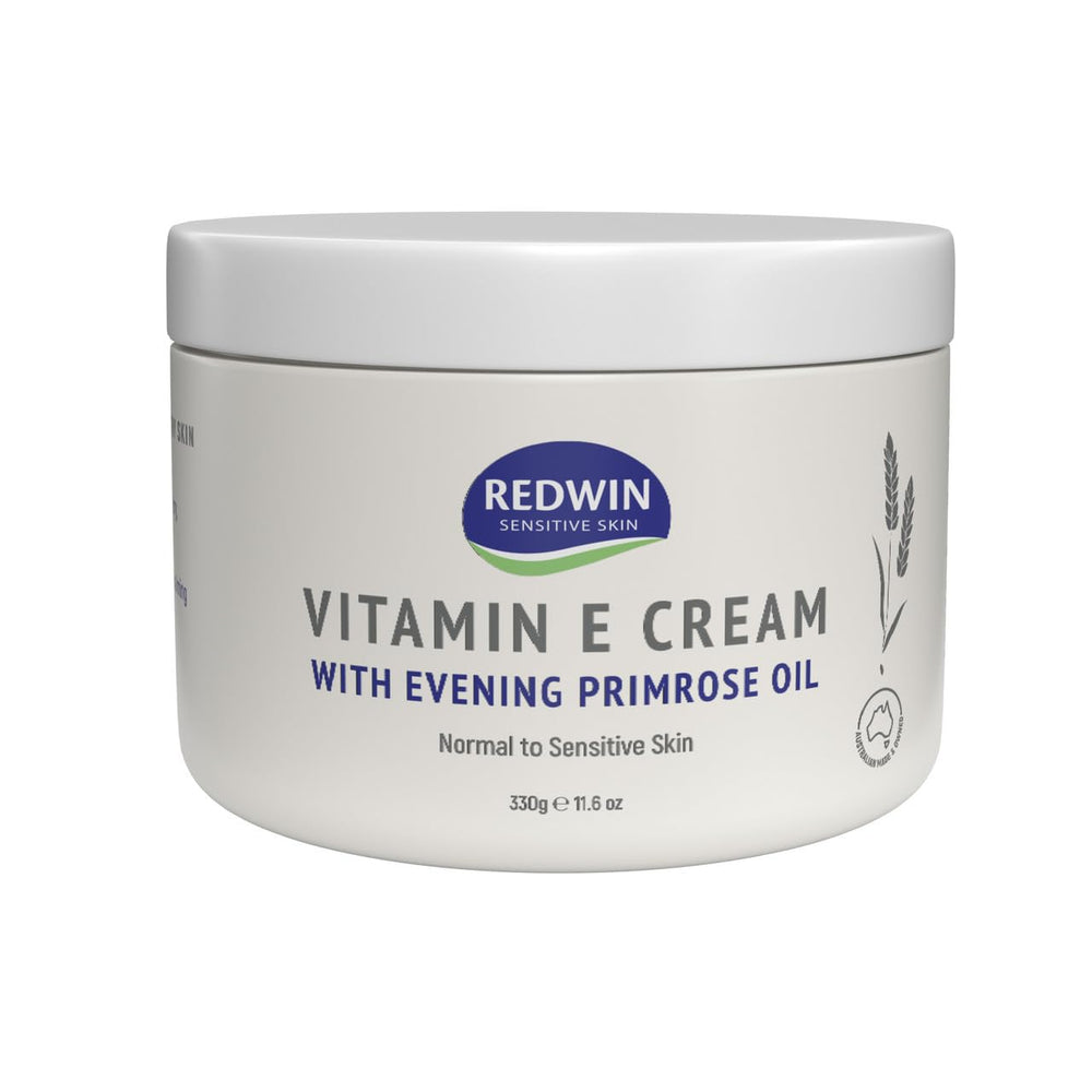 Redwin Vitamin E Cream with Evening Primrose Oil jar, rich daily moisturizer for skin.