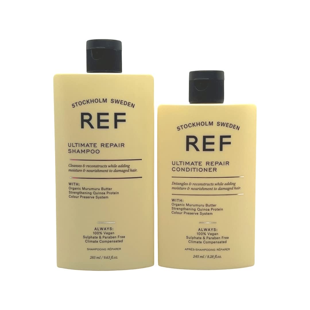 REF Ultimate Repair Shampoo bottle displayed, promoting stronger, shinier hair.