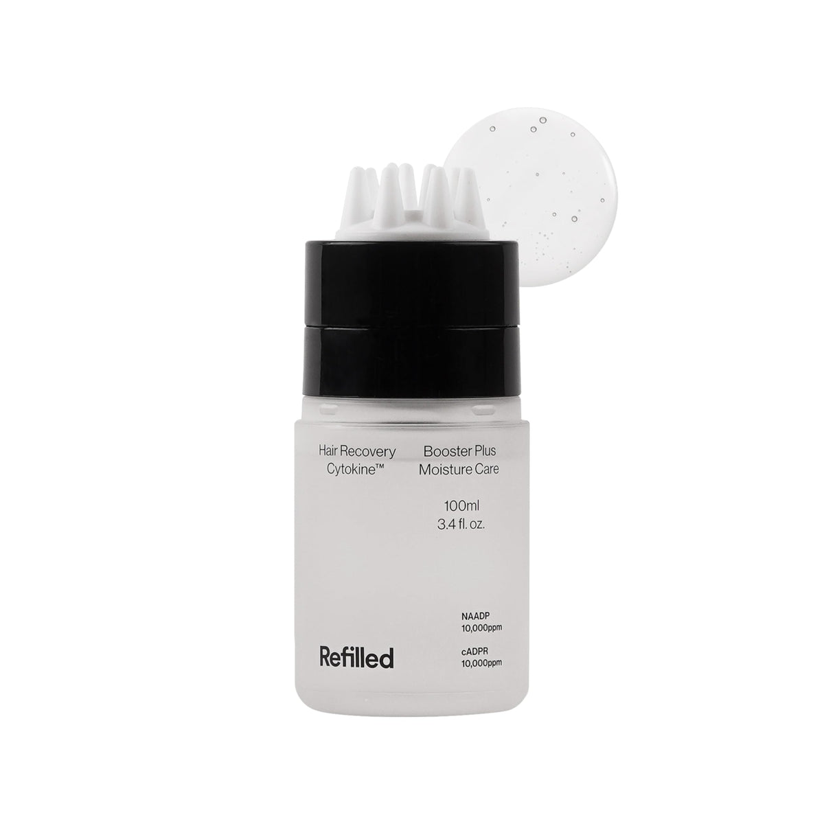 Refilled Booster Plus Moisture bottle with built-in massager for easy scalp care and fast absorption.