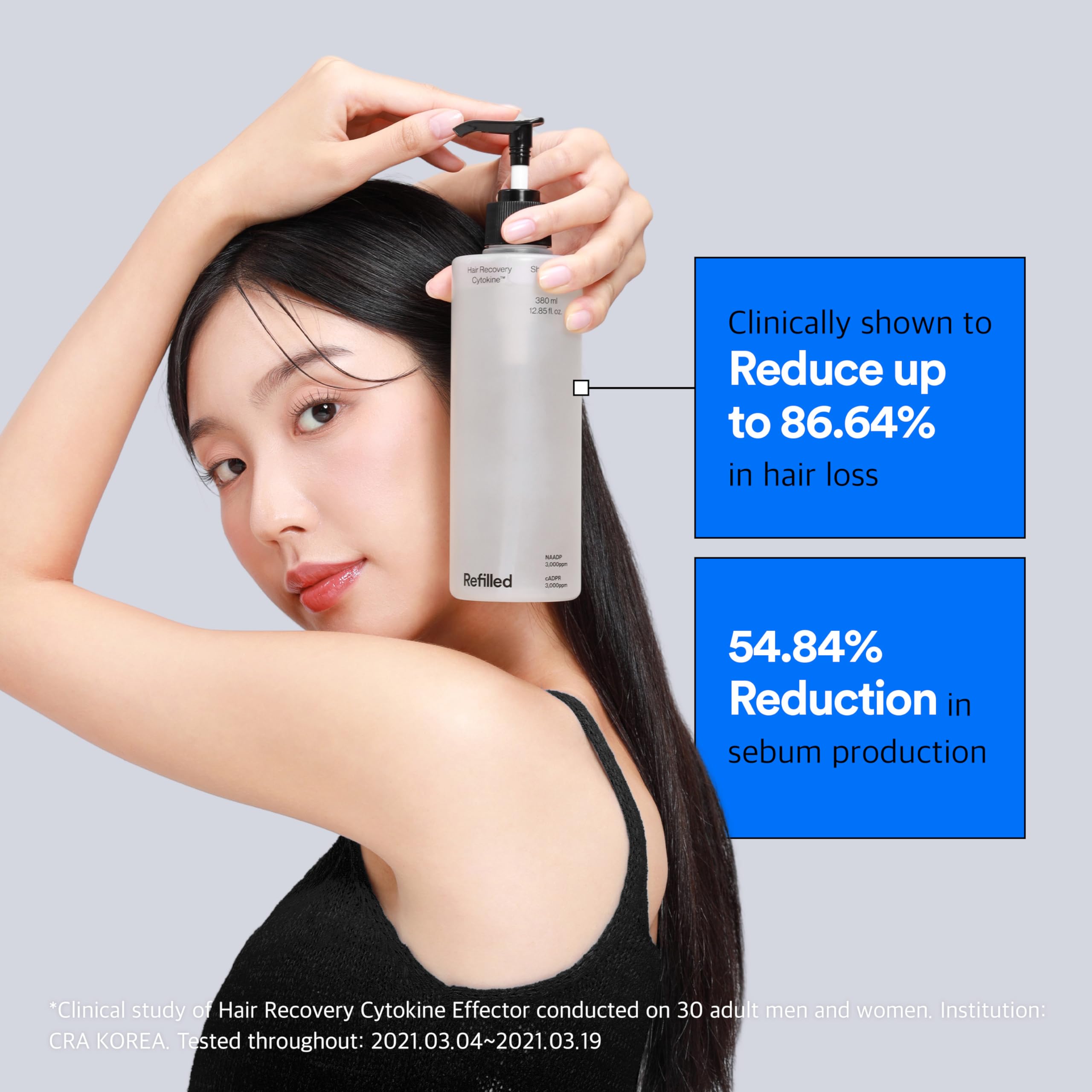 Refilled Hair-Recovery Cytokine Shampoo bottle on sink suggests daily use for thinning hair.