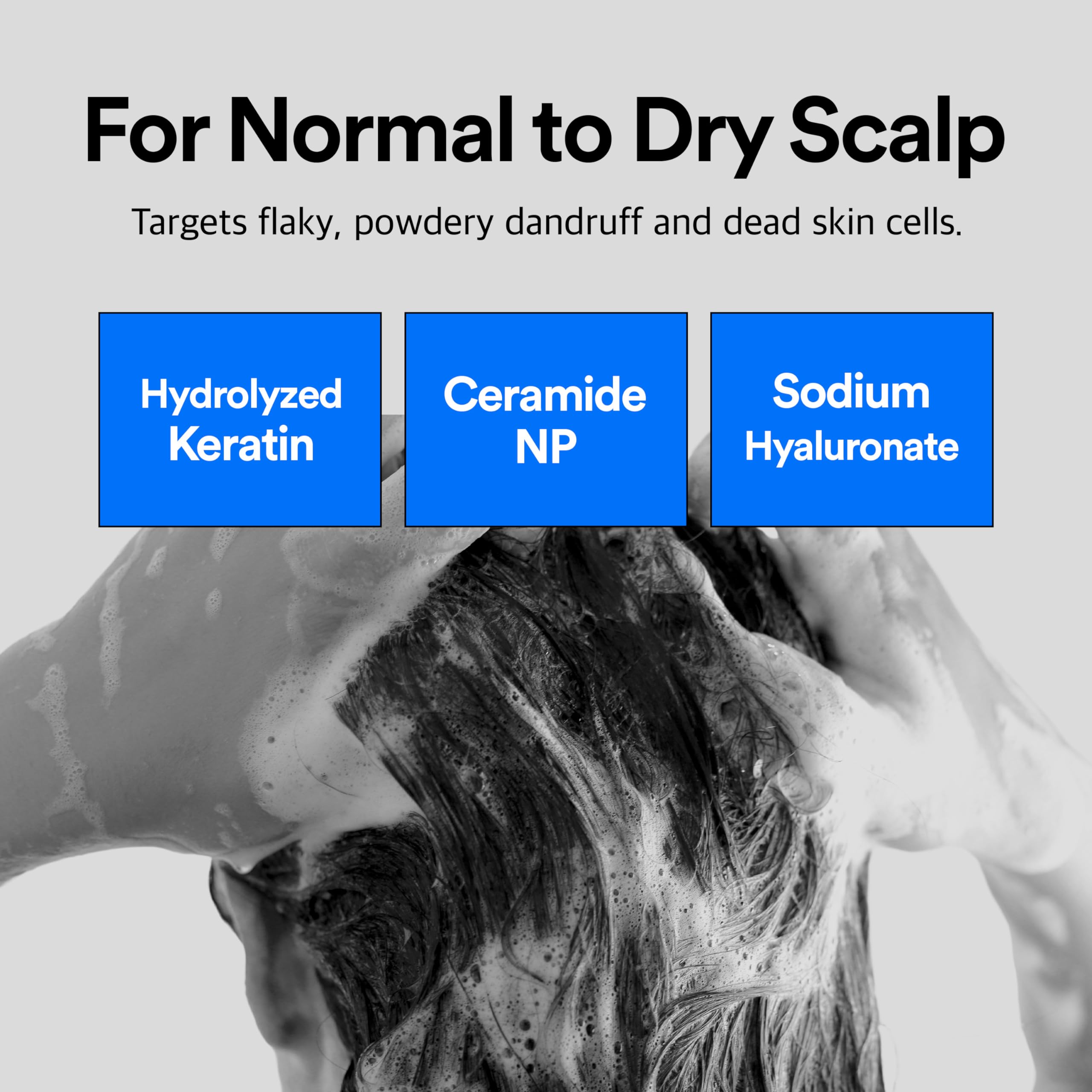 Refilled shampoo bottle with visible label and hydrating keratin and ceramide benefits.