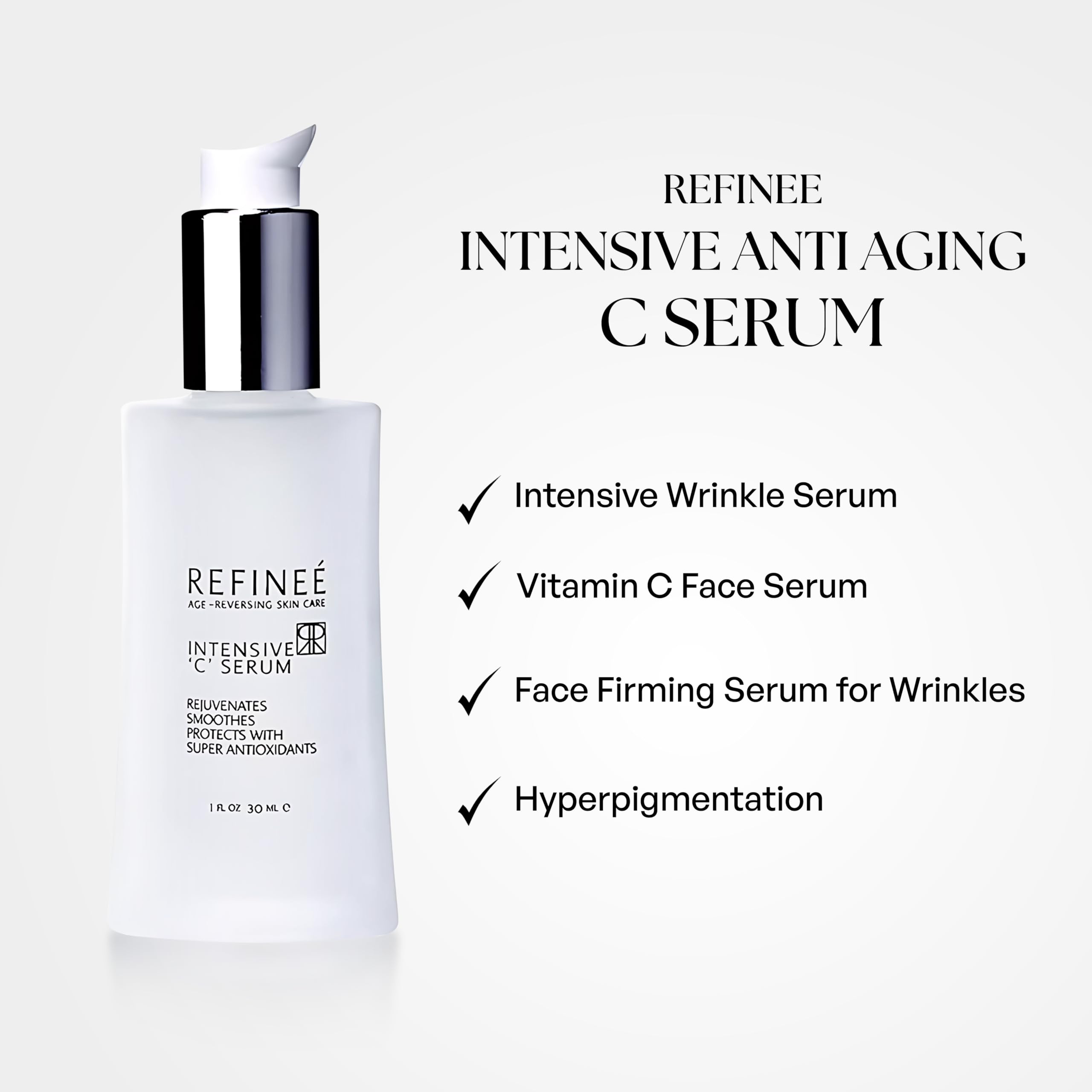 Refinee intensive vitamin C serum texture highlighted as a lightweight, smooth formula.