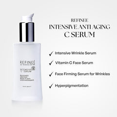 Refinee intensive vitamin C serum texture highlighted as a lightweight, smooth formula.