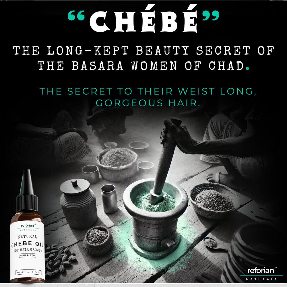 REFORIAN Chebe Oil packaging displays organic label and usage guidance.