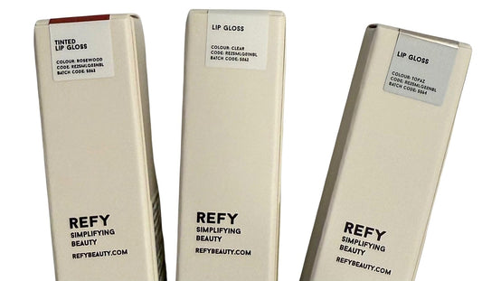 REFY Mini Lip Gloss Trio Rosewood adds soft tint and conditioning shine for day-to-evening wear.