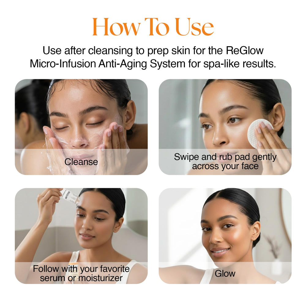 Daily-use ReGlow EpiClear pad showing gentle exfoliation and pore-softening effect.