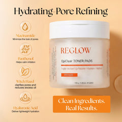 ReGlow EpiClear pad highlighting Niacinamide hydration and barrier support.