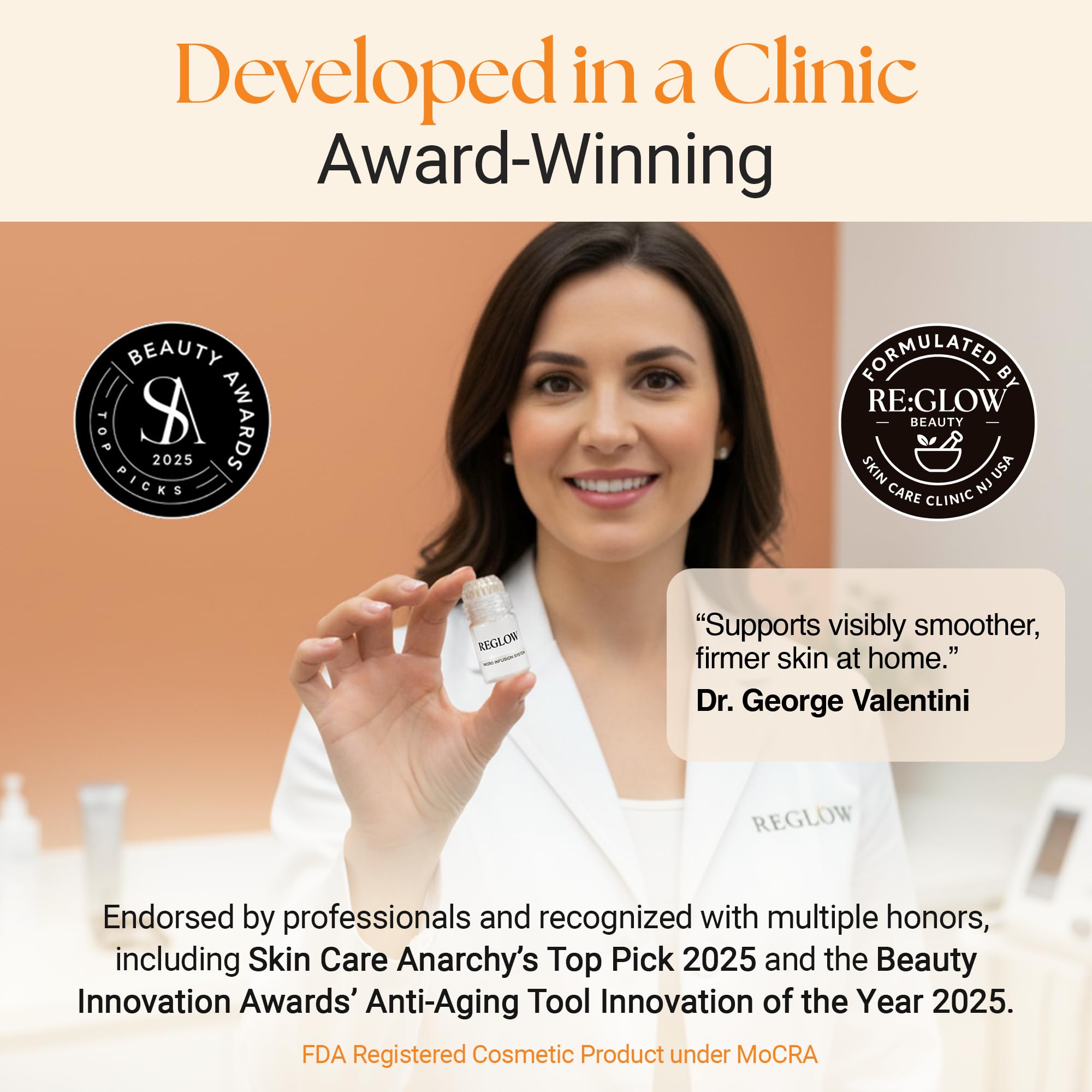 ReGlow Advanced Quad-Action Serum with peptide and hyaluronic acid for firmer-feeling skin.
