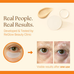 ReGlow Restore eye patches hydration shot on bio hydrogel for refreshed under-eye skin.