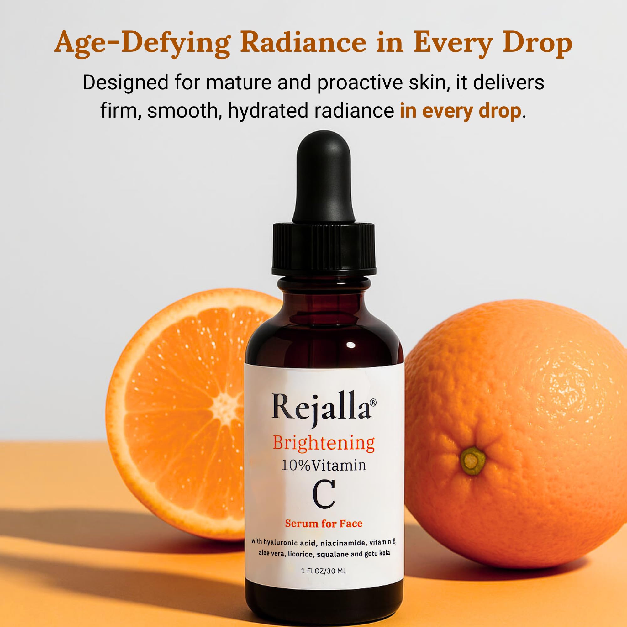 Rejalla Vitamin C Serum amber bottle close-up highlighting stable formula.