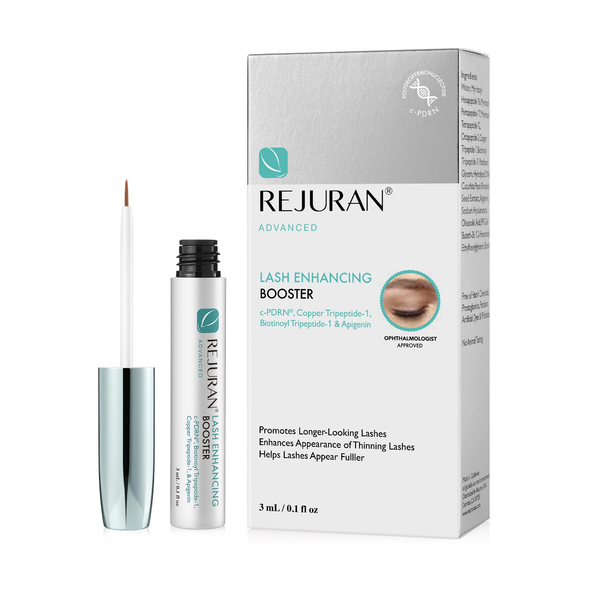 REJURAN Advanced Lash Enhancing Booster bottle close-up for daily lash nourishment.