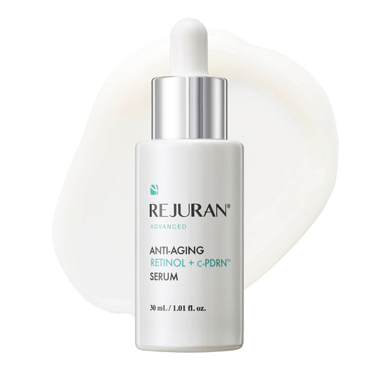 REJURAN Advanced Retinol + c-PDRN serum bottle highlights anti-aging care.