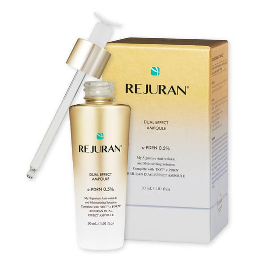REJURAN Dual Effect Ampoule bottle close-up for premium anti-aging care.
